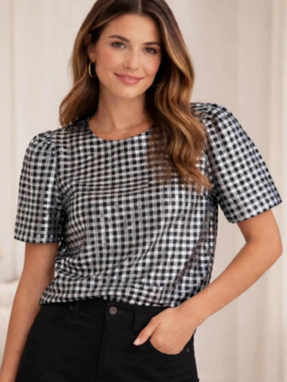 NWT J. CREW GINGHAM SHORT SLEEVE METALLIC BLOUSE - SIZE LARGE